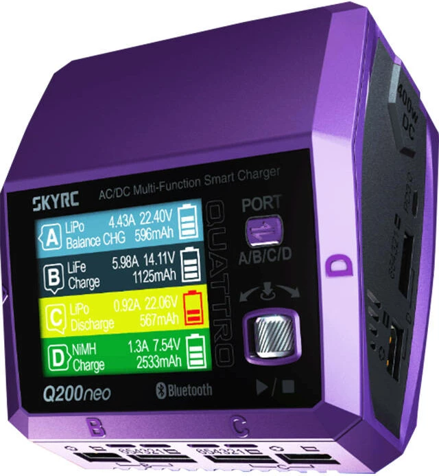 Karikues SkyRC Q200neo për bateri RC, 4 porta, AC/DC, Violet