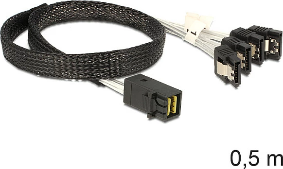 Kabllo DeLOCK Mini SAS HD SFF-8643 në 4x SATA, 0.5 m, e zezë