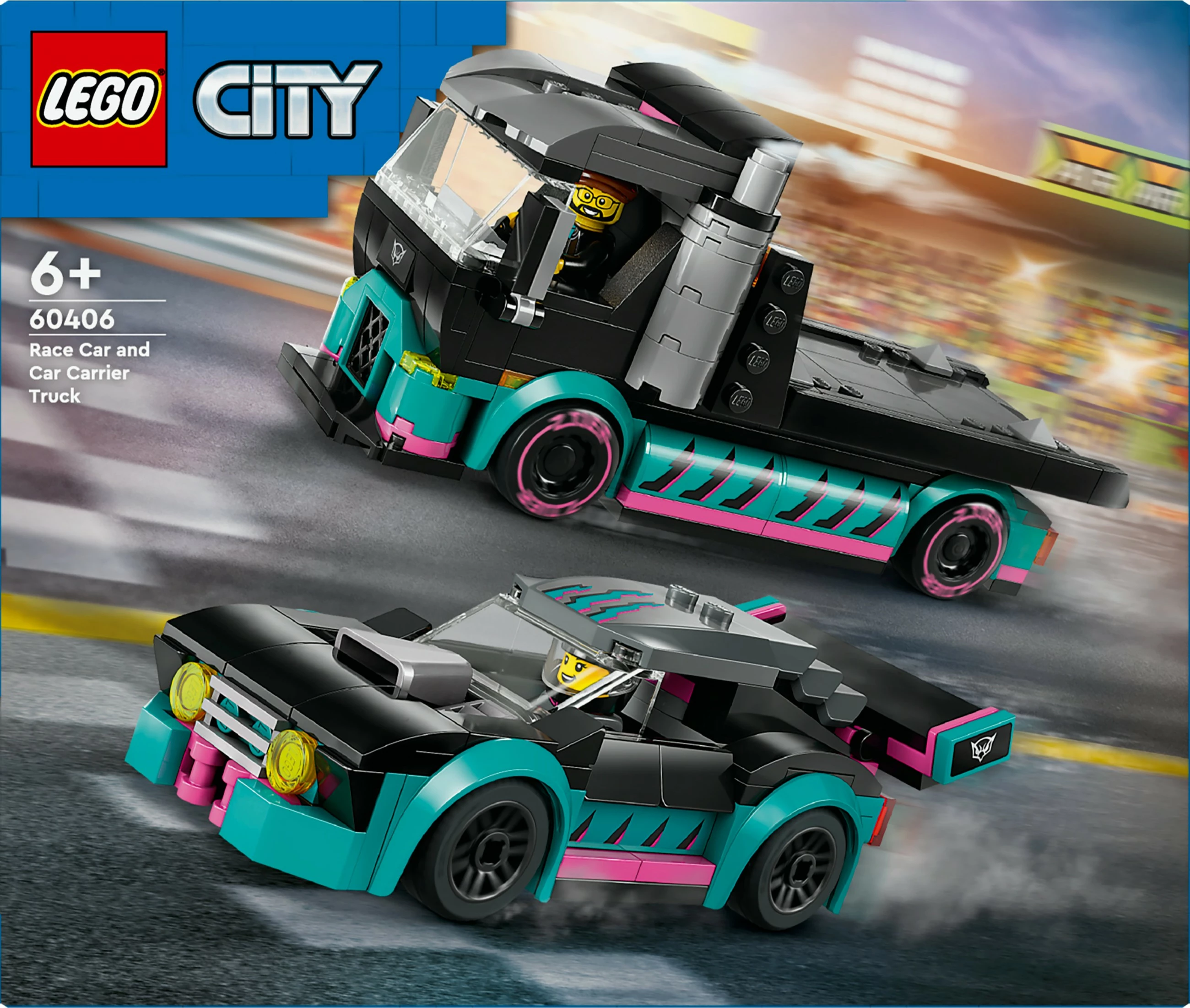 Set ndërtimi LEGO City 60406, autotransporter me makinë gare, 328 pjesë, shumëngjyrësh
