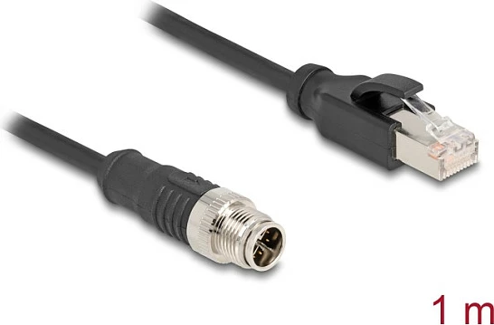 Kabllo Ethernet industriale DeLOCK M12 X-coded 8-pin në RJ45, Cat5e, 1m, e zezë