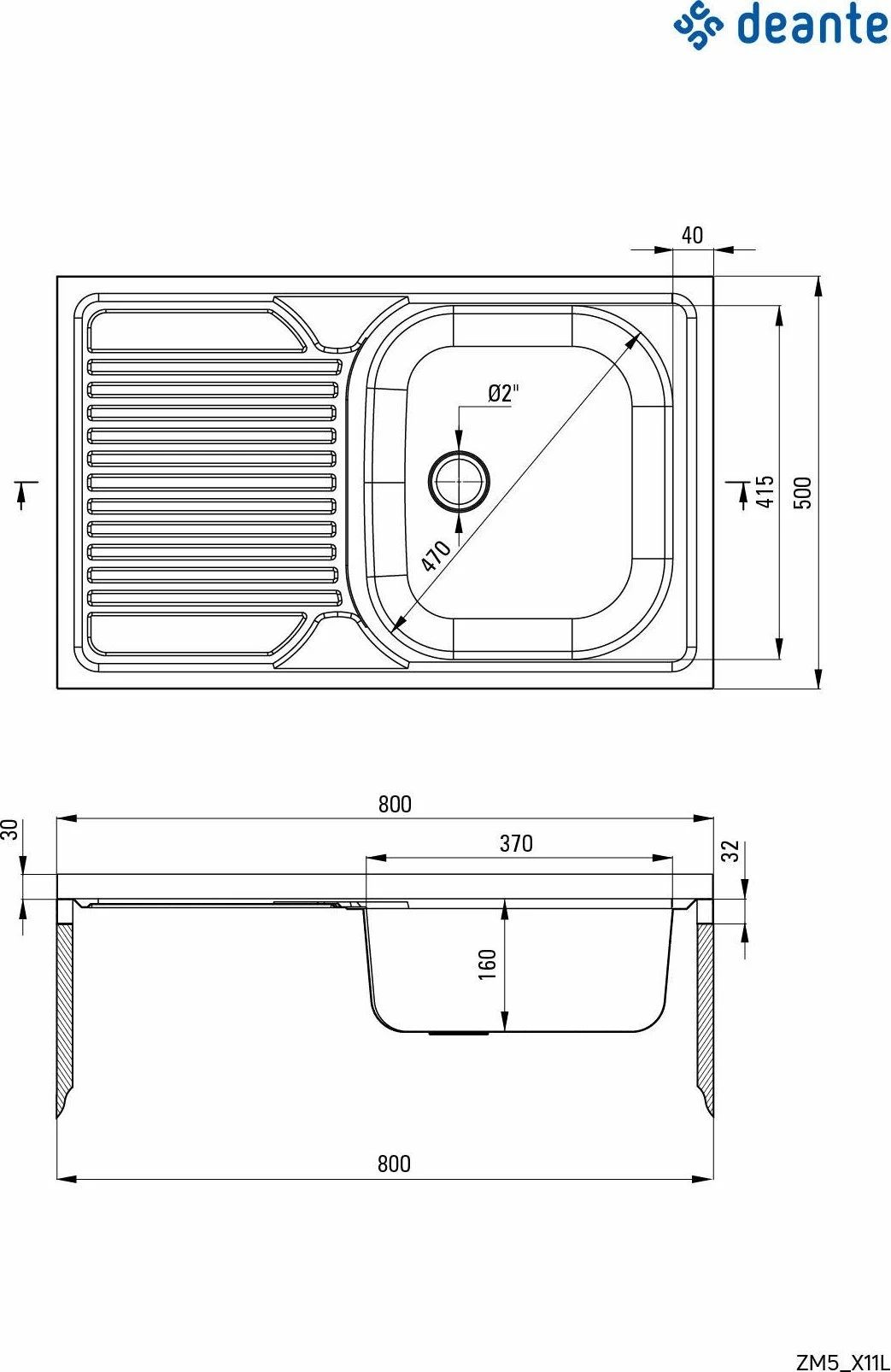 Lavaman kuzhine Deante Tango ZM5_011L 80x50 cm 1 legen me kullues majtas, montim mbi dollap, inox saten