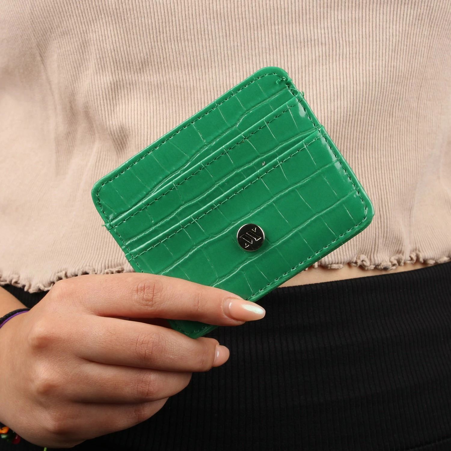 Portofol prej lëkure, mbajtëse kartelash, ngjyrë e gjelbër, 10.5x8.5cm, Zoozie Bags 2507