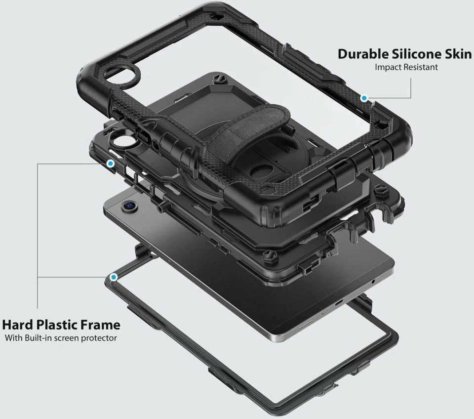Mbështjellës i fortë për tablet Tech-Protect Solid Samsung Galaxy Tab A9/A11 8.7 (X110/X115/X133/X135), flip, me stand dhe rrip dore, i zi, set me rrip