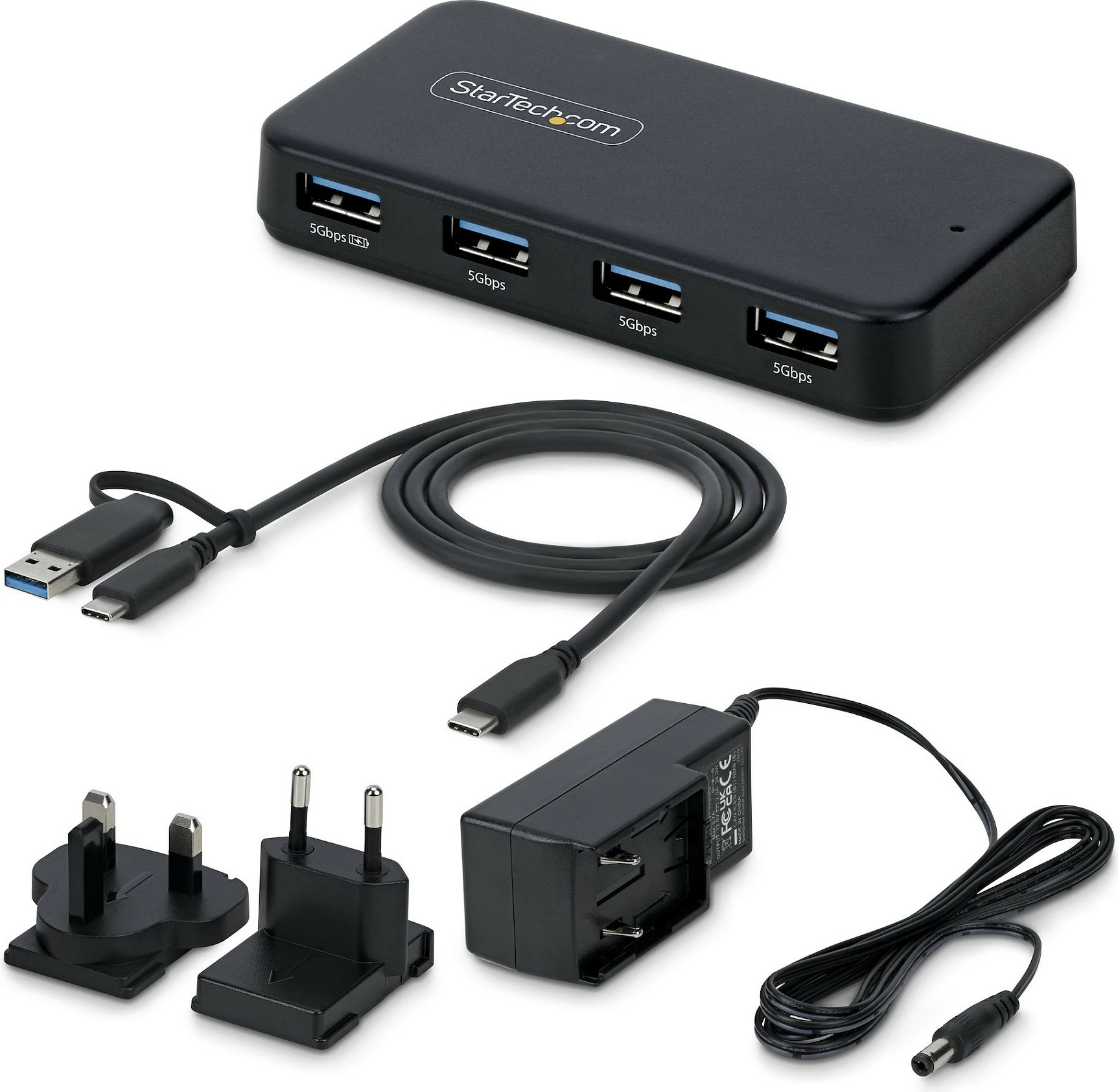 USB hub StarTech 4-Port USB-A, 5Gbps, i vetë-furnizum, host USB-C/USB-A, portë karikimi BC 1.2, e zezë