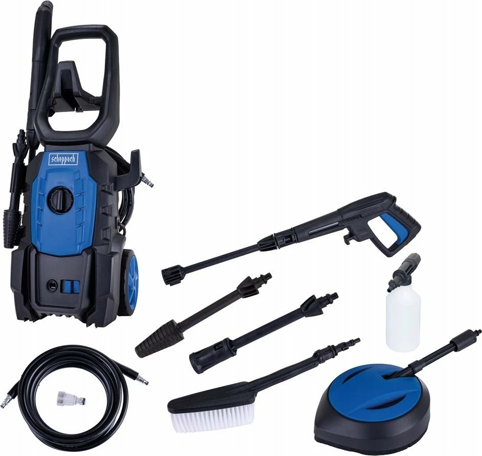 Larëse me presion Scheppach HPC1600-KIT 1600 W 135 bar, 420 l/h, zorrë 5 m, set aksesorësh, blu/zi