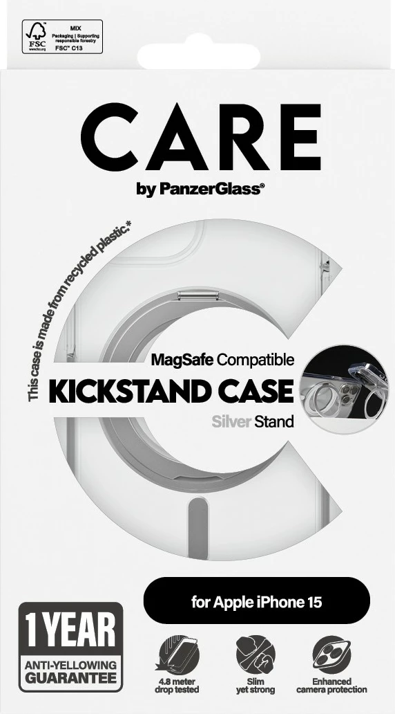Mbështjellës PanzerGlass CARE Case me kickstand & MagSafe për iPhone 15, transparent