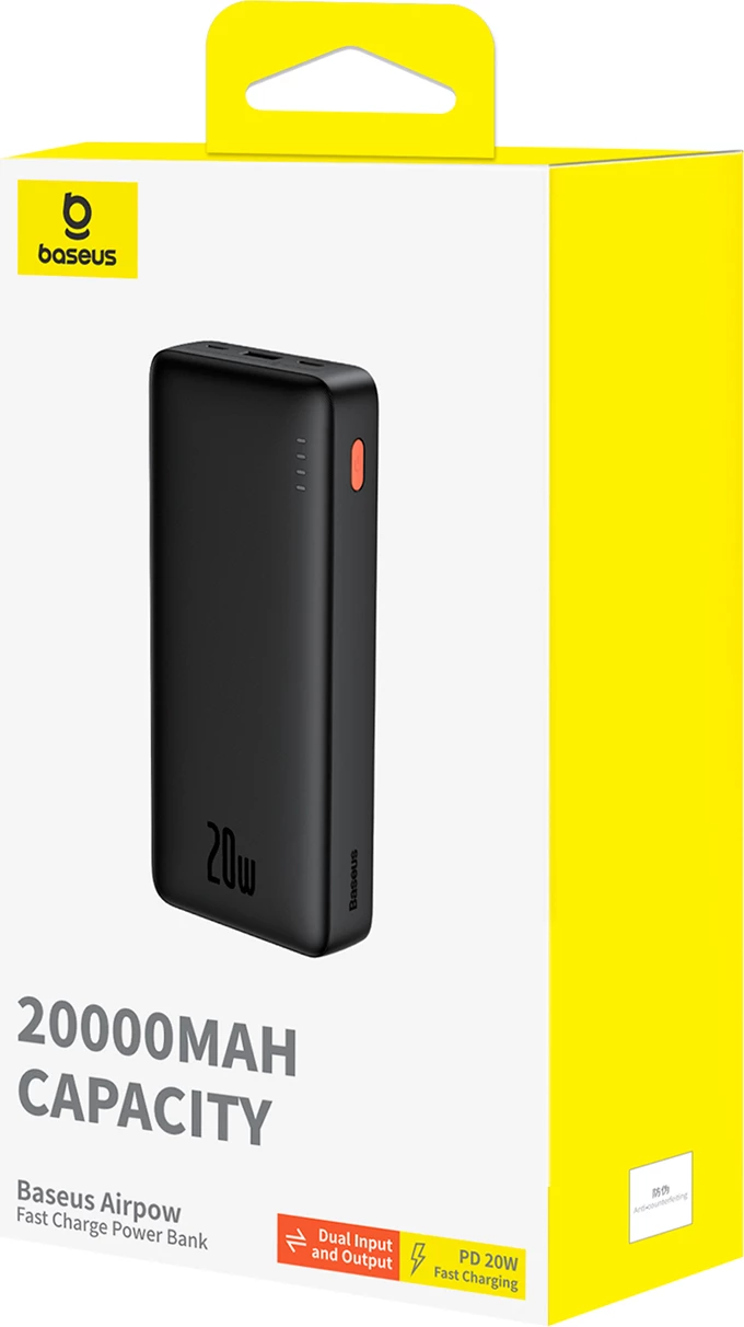 Power bank Baseus Airpow 20000mAh, 20W, me kabllo USB-A në USB-C, e zezë