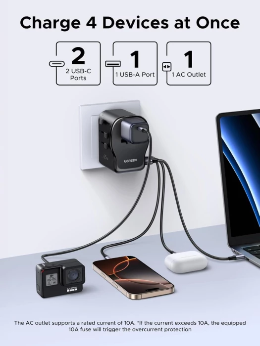 Adapter udhëtimi universal UGREEN 55001 (S550) 65W GaN, 2x USB-C + 1x USB-A, prizë AC universale, EU/UK/US/AU, i zi