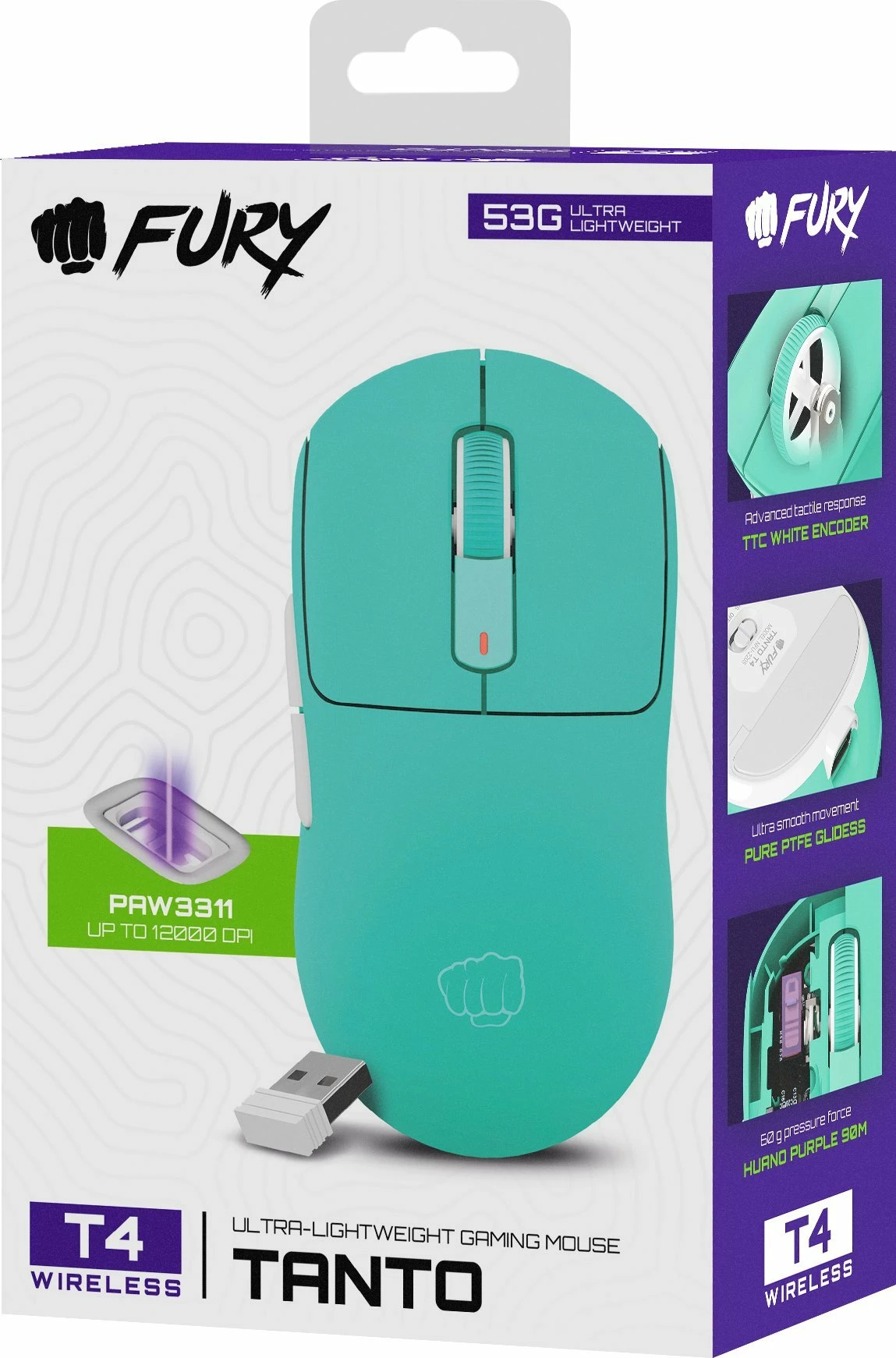 Maus gaming Fury Tanto T4 Wireless NFU-2205 12000 DPI 7 butona Mint