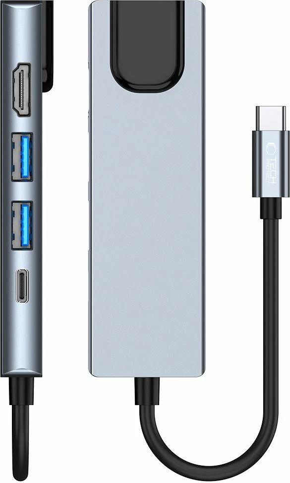 HUB Tech-Protect V3 5in1, USB-C, USB-A 3.0, USB-A 2.0, USB-C, HDMI, RJ45, Gri
