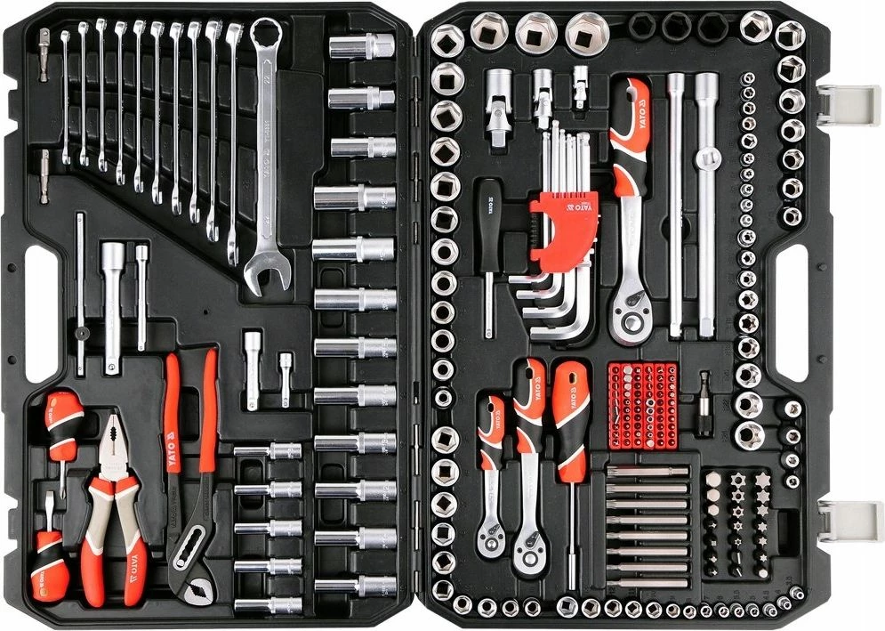 Set veglash Yato YT-38941 225 copë, 1/4\" 3/8\" 1/2\", në valixhe plastike, e zezë/kuqe