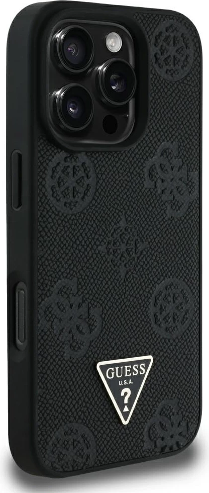 Mbështjellës Guess Grained Hot Stamp Peony Triangle Logo MagSafe për iPhone 16 Pro Max, i zi