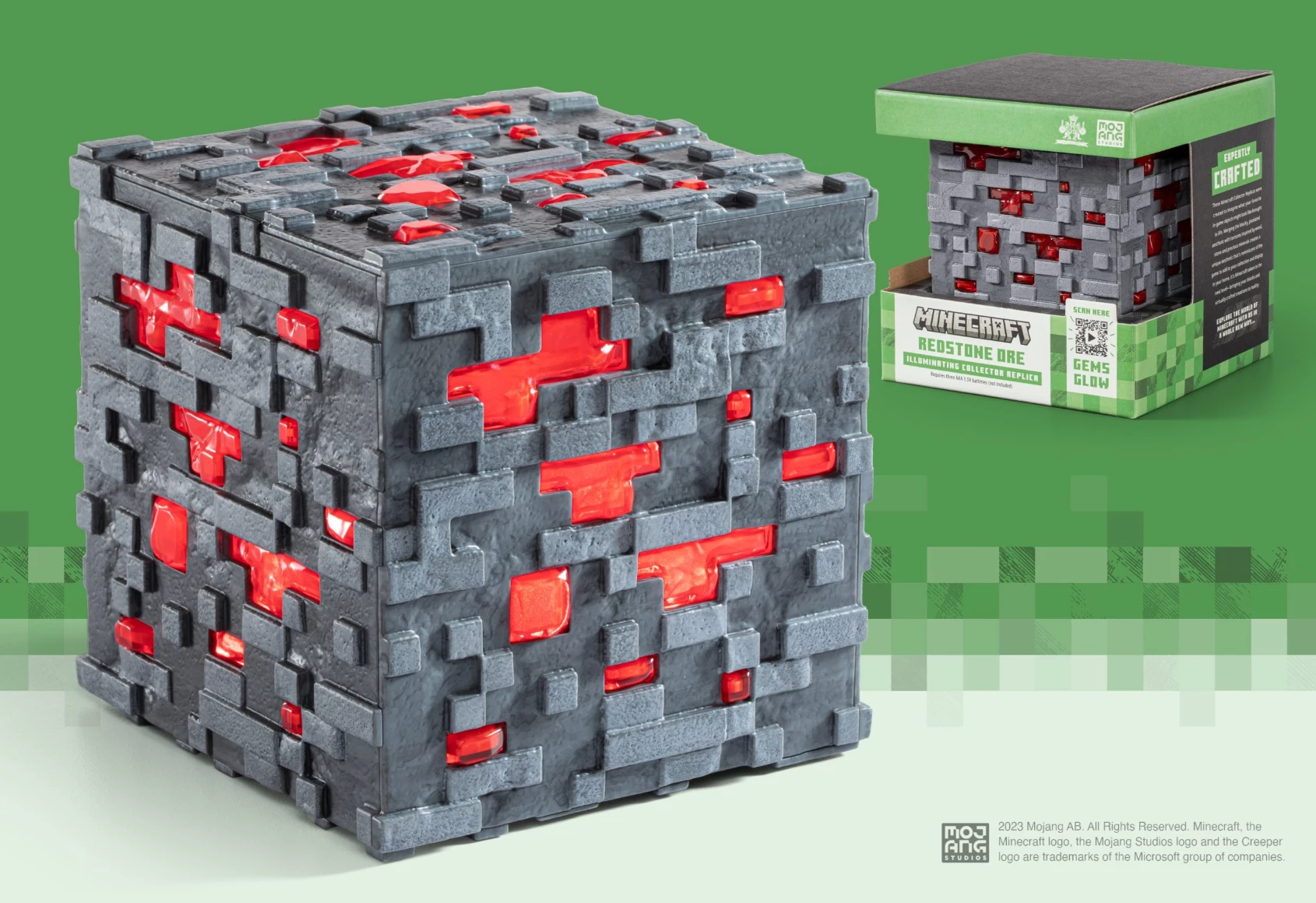 Replikë blloku Minecraft Noble Collection Redstone Ore, LED me prekje, 10 cm, 3 mënyra ndriçimi, me bateri AAA, gri/kuqe