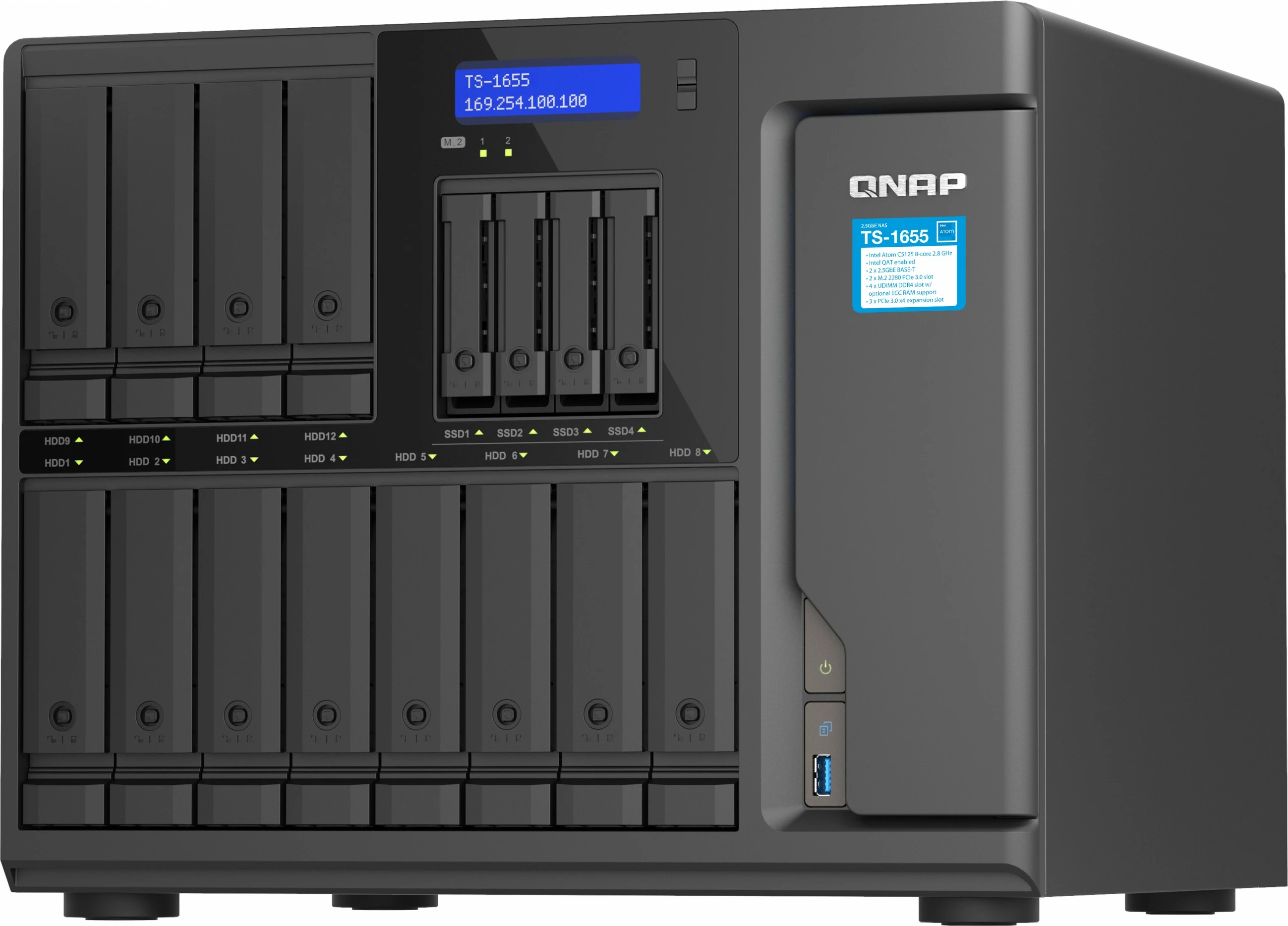 NAS QNAP TS-1655-8G, Intel Atom C5125, 16 vende për disqe, 8GB RAM, e zezë