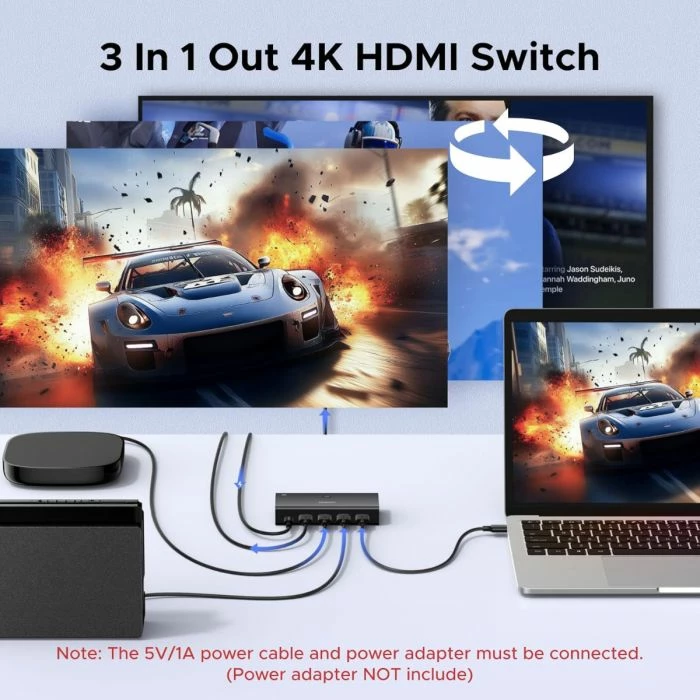 Switch HDMI UGREEN 55857 3-hyrje/1-dalje 4K@60Hz HDR10+ me telekomandë, i zi