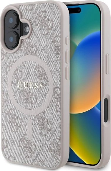 Mbështjellës, Guess, 4G Ring Classic Logo MagSafe, për iPhone 16 6.1", TPU/PC/eko-lëkurë, rozë
