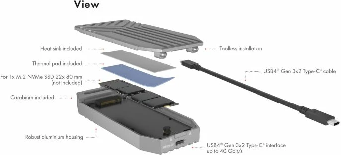 Kasë e jashtme USB4 për SSD M.2 NVMe 2280 ICYBOX IB-1919M-C42, 40 Gbit/s, USB-C, argjendtë, komplet