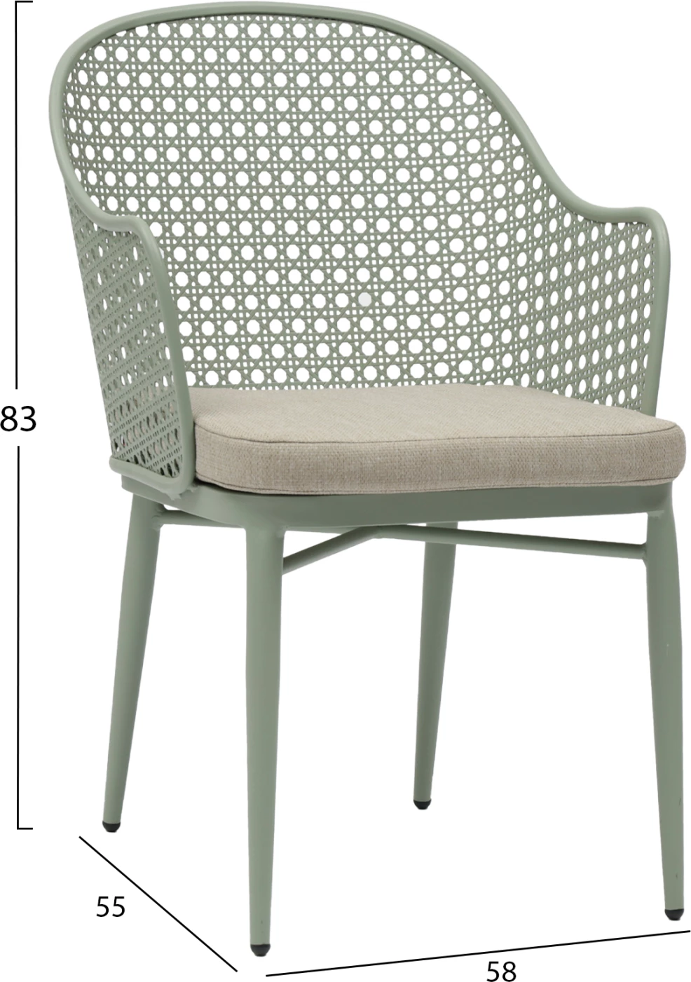 Karrige alumini OREGO FH6268.06, ngjyrë fistik, jastëk bezhë, 58x55x83H cm