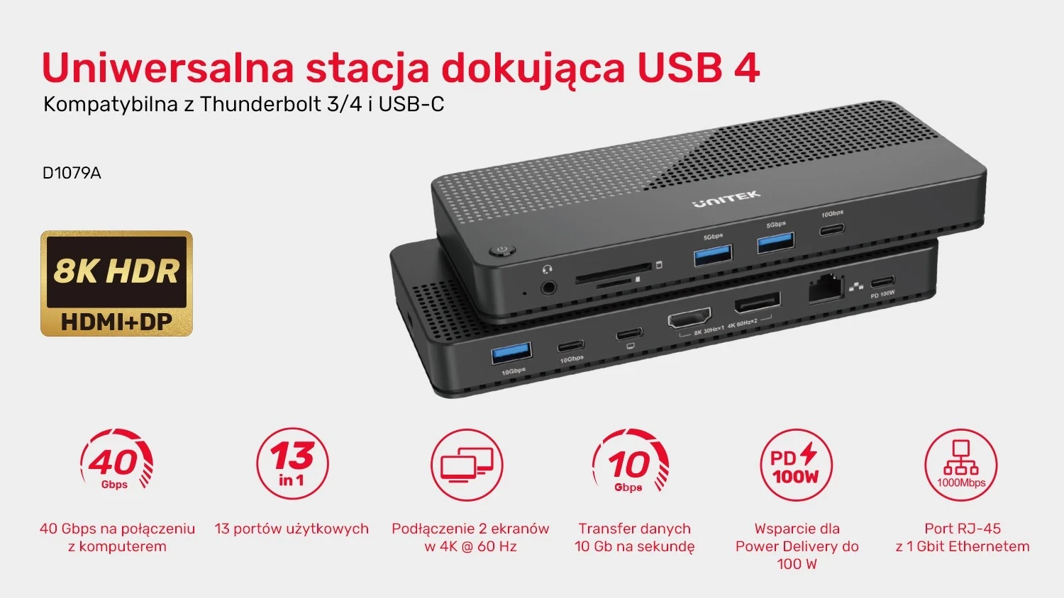 Stacion Dokimi Unitek 12 në 1, HDMI 8K, USB 4, 100 W, ngjyrë e zezë