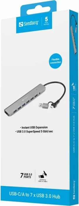 Hub USB SANDBERG 136-66, USB-C/A në 7x USB 3.0, 5 Gbit/s, kasë alumini, argjendtë
