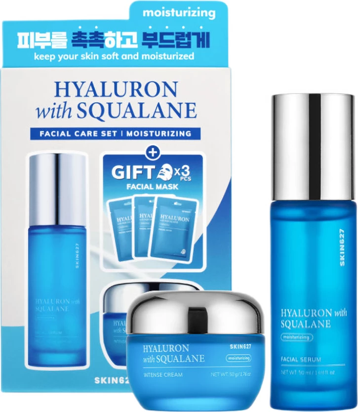 Set për kujdes fytyre për femra SKIN627 Hyaluron me Squalane, serum 50ml + krem 50g + 3 maska 22ml