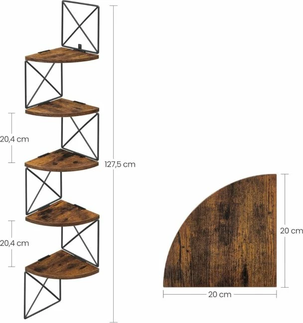 Raft këndi muror VASAGLE LLS851B01, 5 kate, 127.5 × 20 × 20 cm, stil industrial, kafe rustike/zi