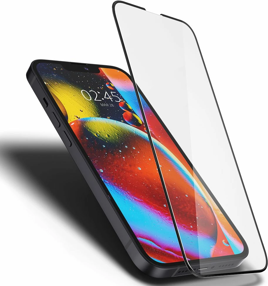 Mbrojtëse ekrani xham i kalitur Spigen Glass FC 0.3 mm 9H për iPhone 13/13 Pro/14/16e/17e, e zezë, set 1 copë + kit instalimi