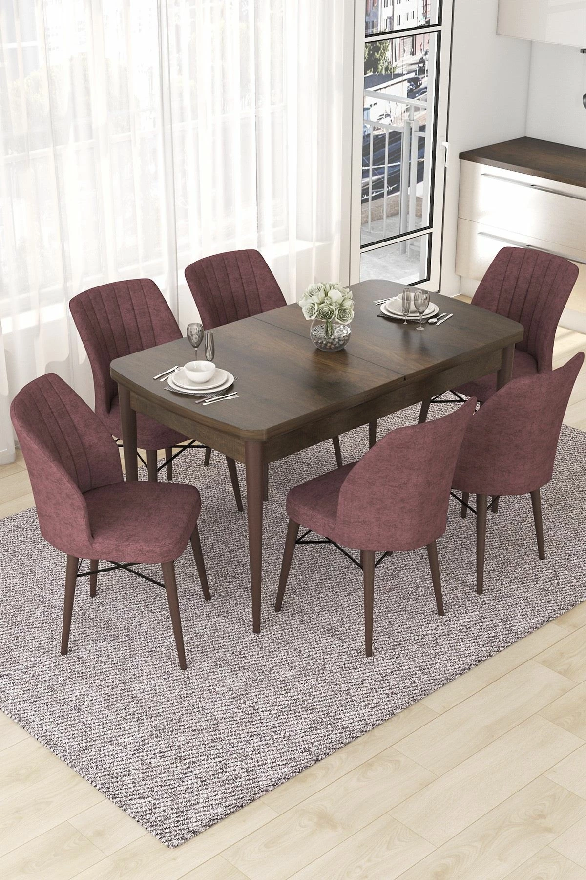 Set tavolinë me karrige, zgjatës, 7 copë, Skye Decor, ngjyrë Baroque, Dusty Rose