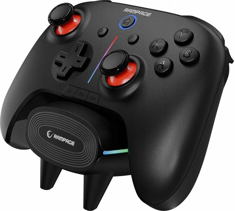 Kontroller lojërash Rampage Hydra Pro (HYDRAPRO-BLACK), RGB, Bluetooth/2.4GHz/USB, me stacion karikimi, i zi