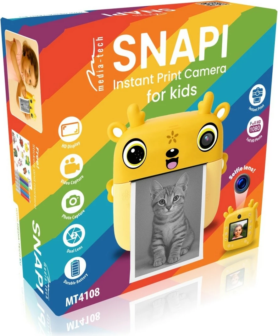Aparat fotografik për fëmijë me printer termik, Media‑Tech SNAPI MT4108, ekran 2.4", foto deri 8 MP, video 1080p, microSD, USB‑C, bateri 1000 mAh, set me 3 role letre + flomastera e ngjitëse, verdhë