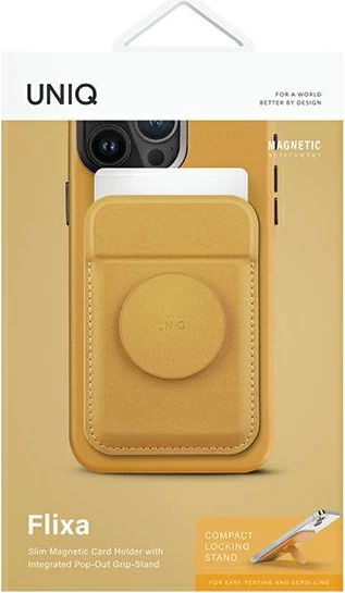Portofol magnetik për karta UNIQ Flix, me mbajtëse, për celular, e verdhë