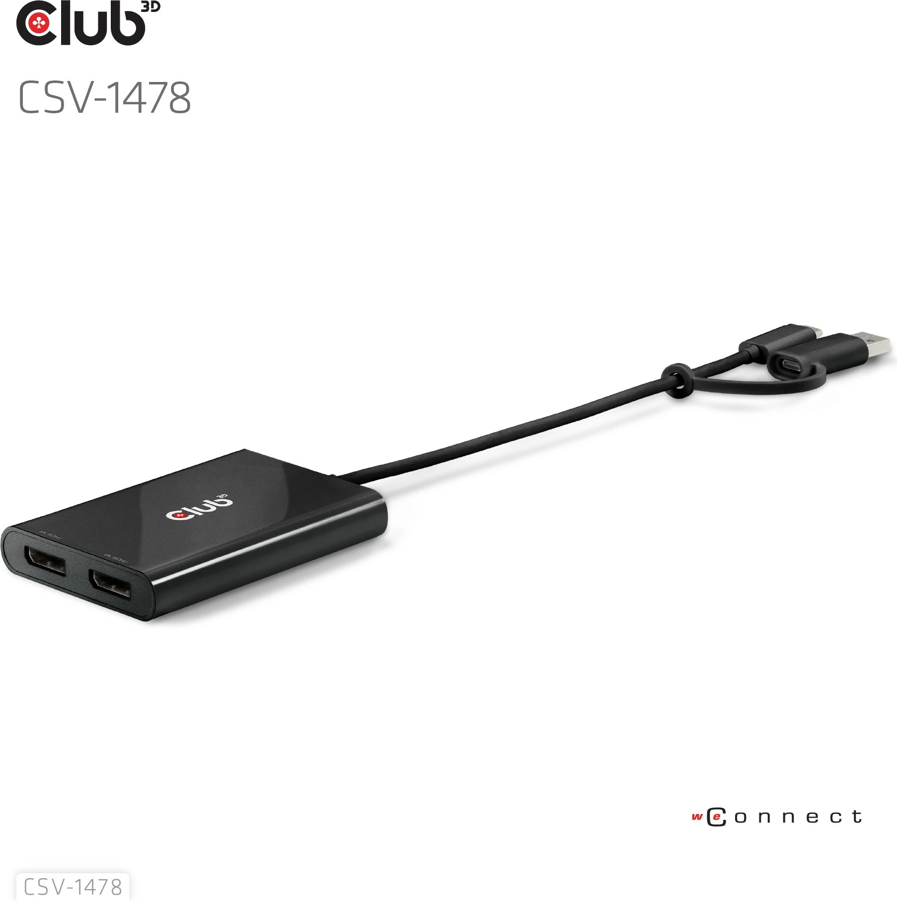 Adapter Club3D USB-C/USB-A në 2x DisplayPort 4K, i zi