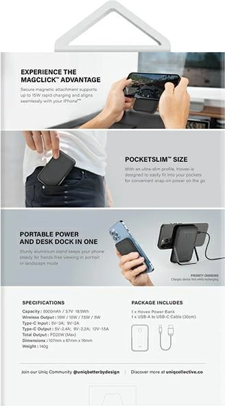 Powerbank magnetik UNIQ Hoveo, 5000mAh, USB-C, 20W PD, vjollcë