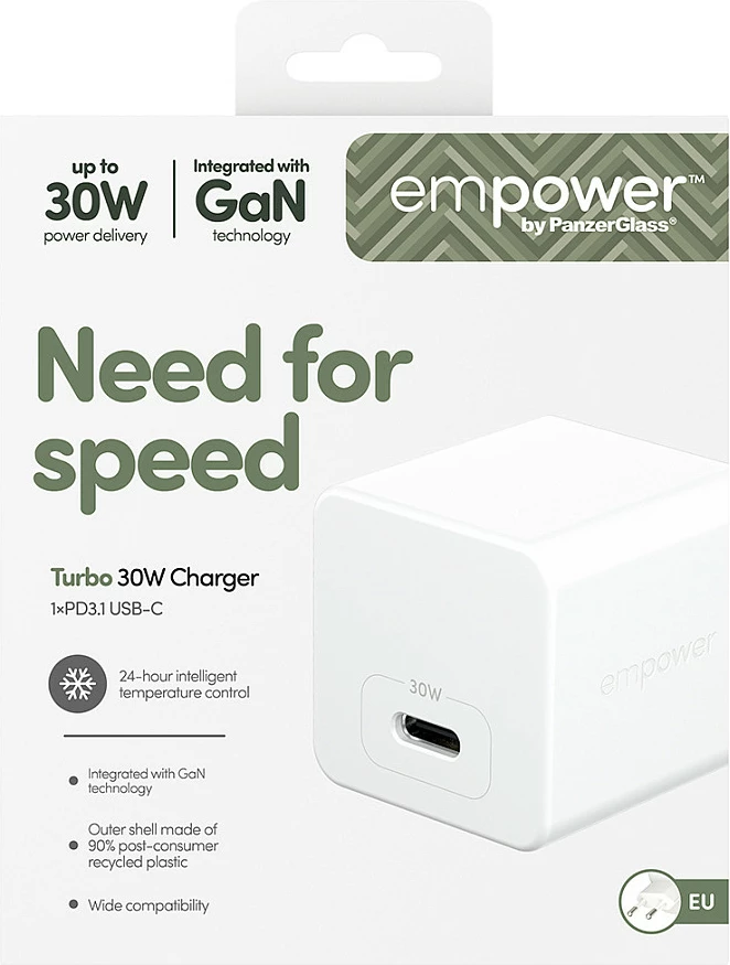Karikues muri PanzerGlass empower Turbo 30W, USB-C PD, EU Plug, i bardhë