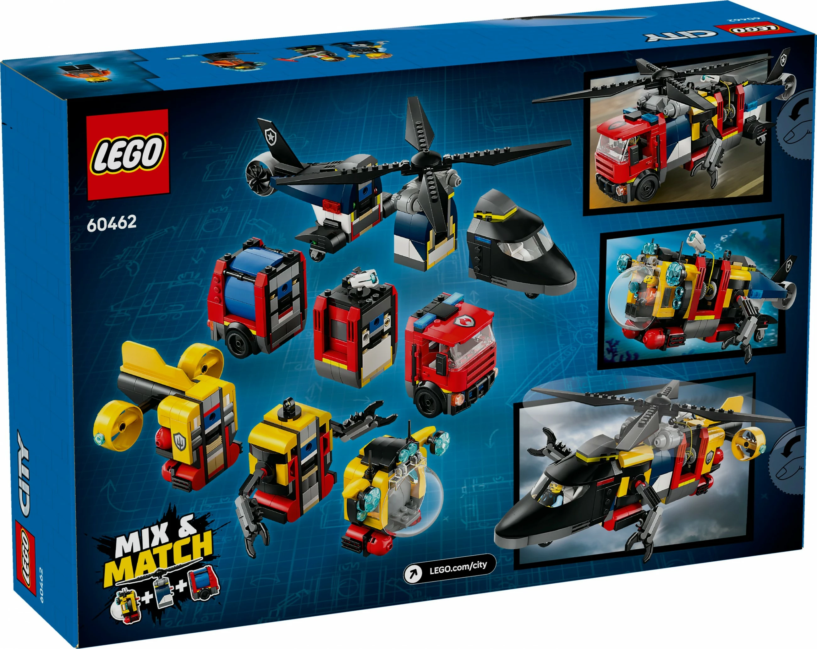 Set ndërtimi LEGO City 60462, helikopter, kamion zjarrfikës, nëndetëse, 874 pjesë, multingjyrësh