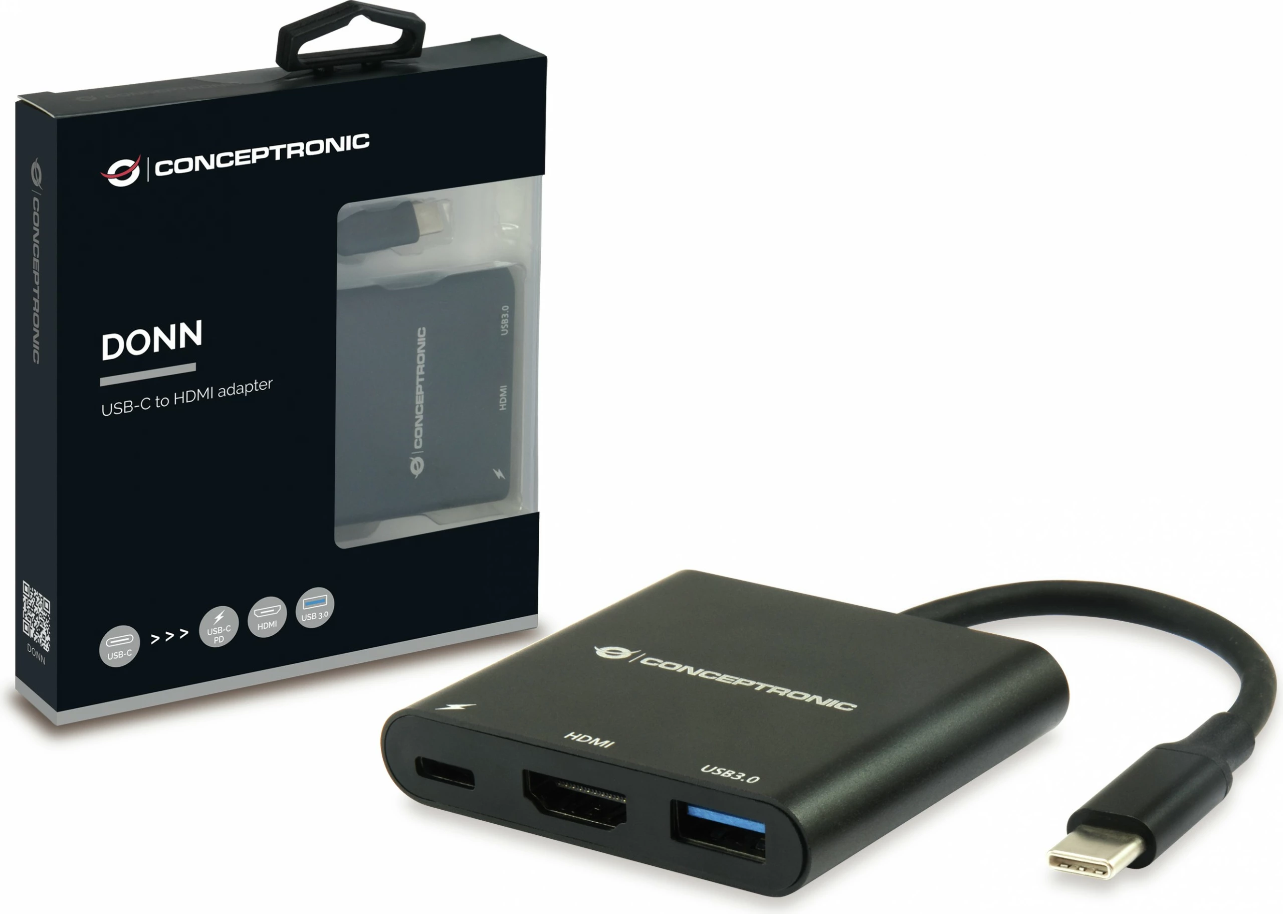 Dock Conceptronic 3-1 USB-C në HDMI/USB-A/60WPD 15cm, zi