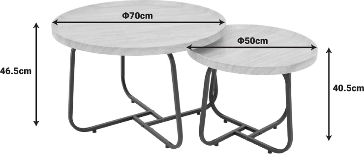 Set tavolinash kafeje Crismory, 2 copë, MDF, ngjyrë natyrale dhe këmbë metali të zeza