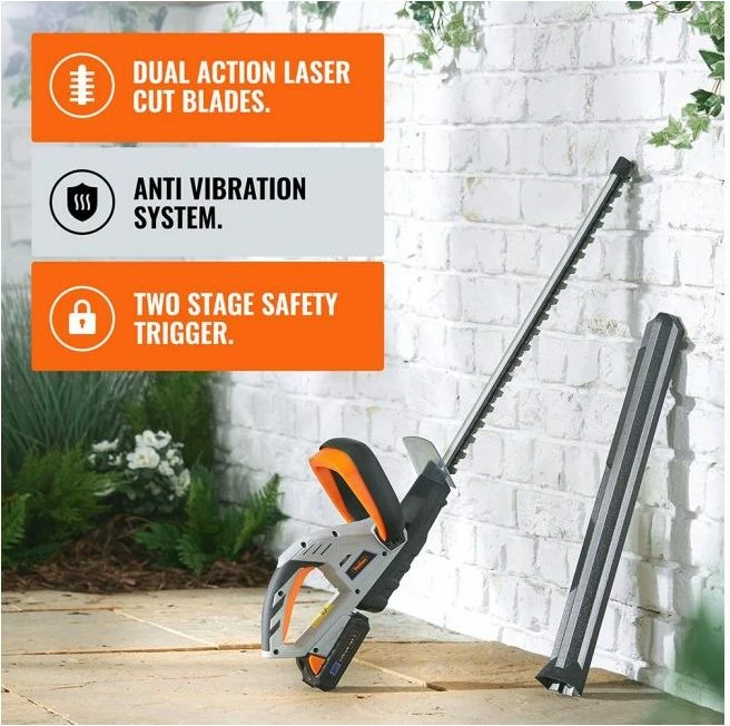 Trimer me bateri për gardh VONHAUS G-Series MPN 2515067 20V MAX 1.5Ah, teh 51 cm, prerje deri 15 mm, gri/portokalli, set me bateri+karikues+mbrojtës tehu