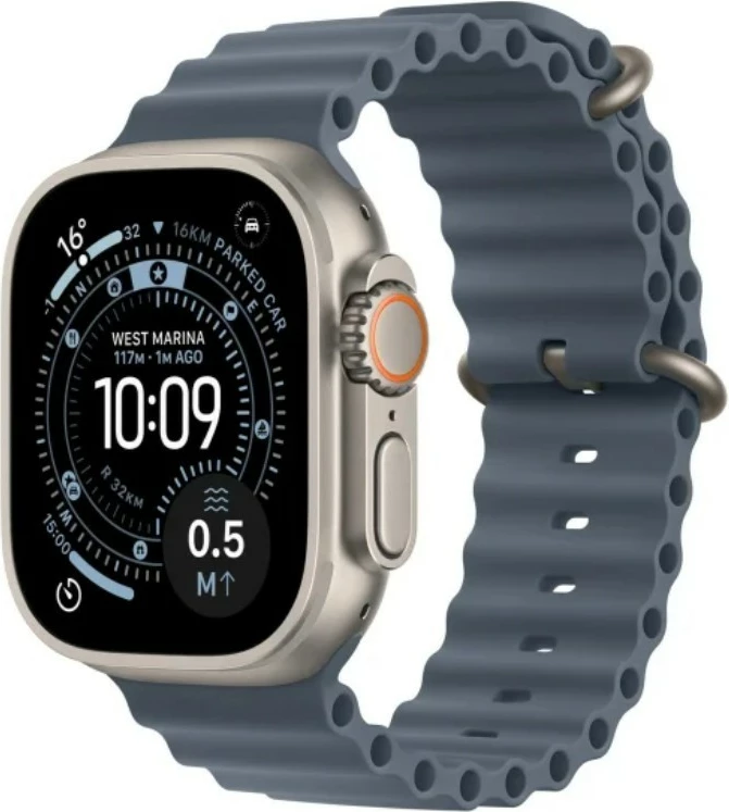 Smartwatch Apple Watch Ultra 3, 49mm, titani natyral, rrip Ocean kaltër e errët, GPS + Cellular