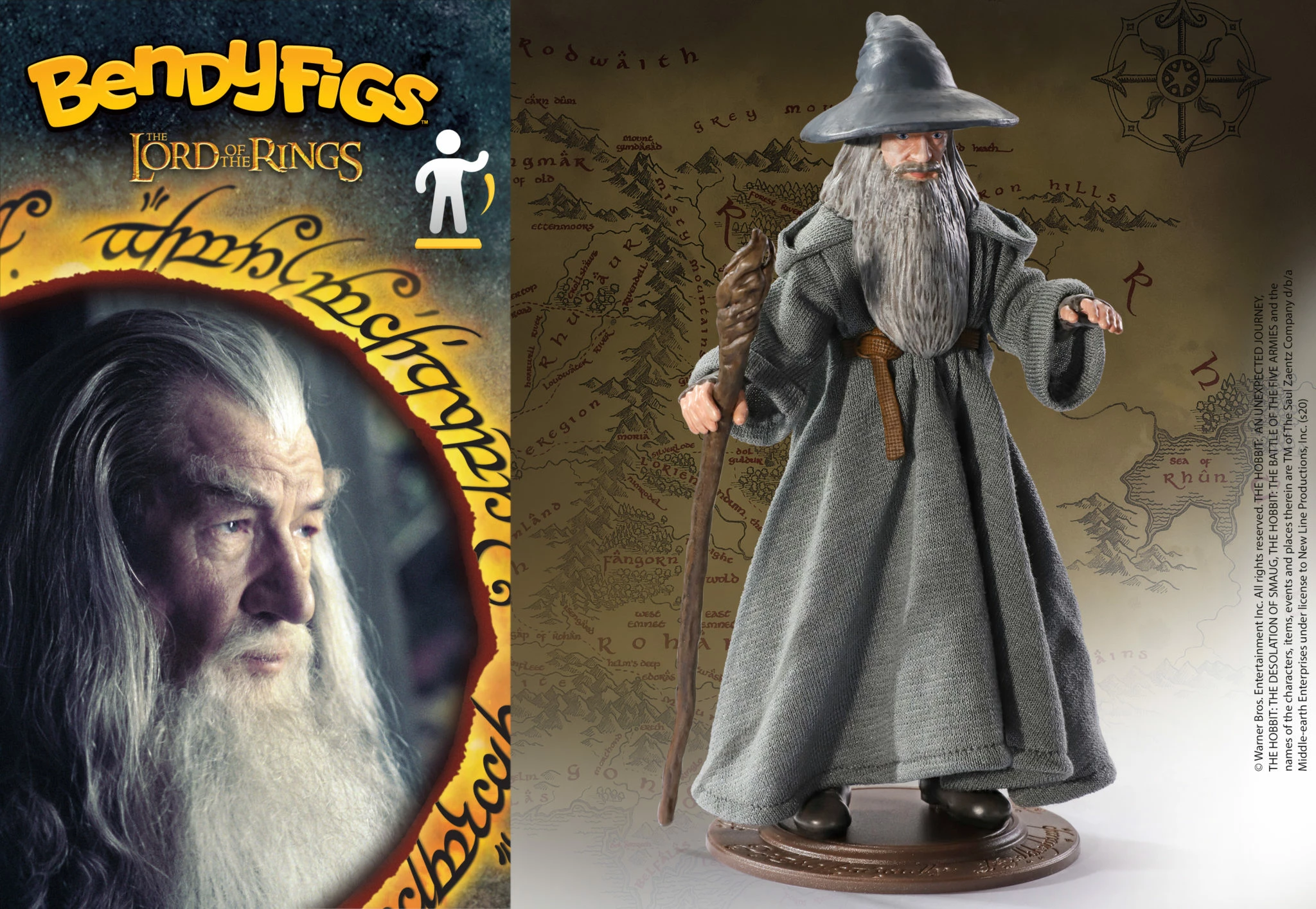 Figurë fleksibile Noble Collection Bendyfigs Lord of the Rings Gandalf the Grey, 18 cm, me mantel pëlhure, me shkop, me bazë ekspozimi