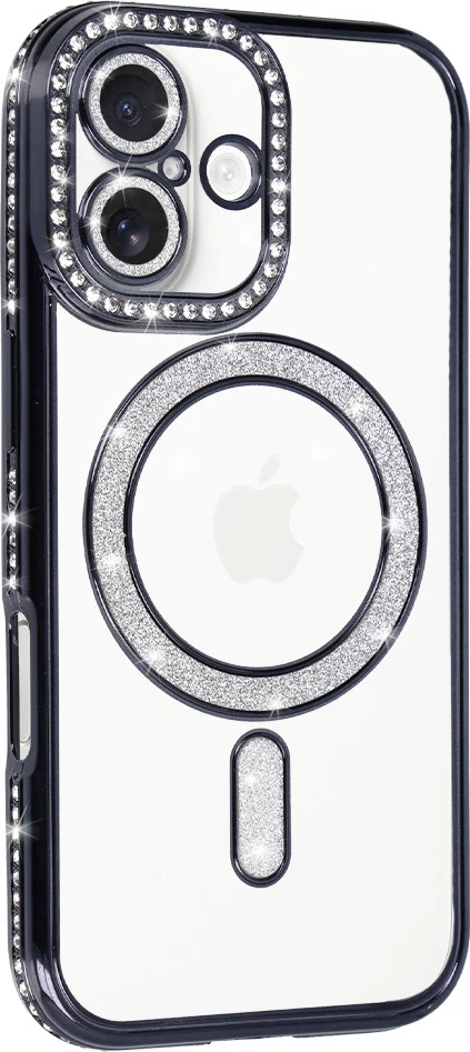 Mbështjellës MagSafe silikoni ONASI 23885 për iPhone 17, me glitter, e zezë transparente