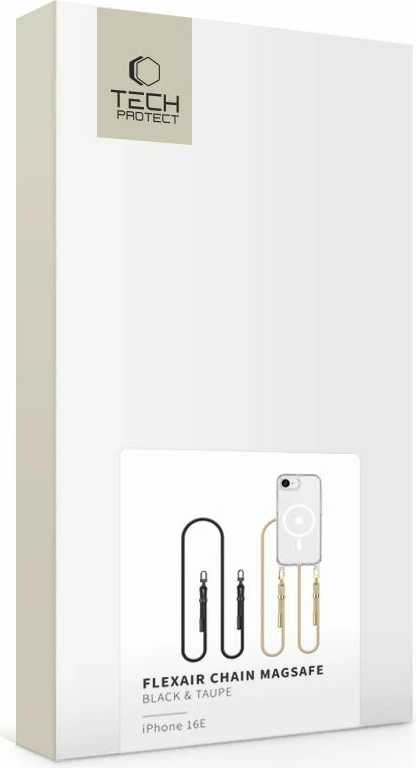 Mbështjellës Tech-Protect FlexAir Chain MagSafe për iPhone 16e/17e, i tejdukshëm me litar të zi & bezhë (set 3 pjesë)