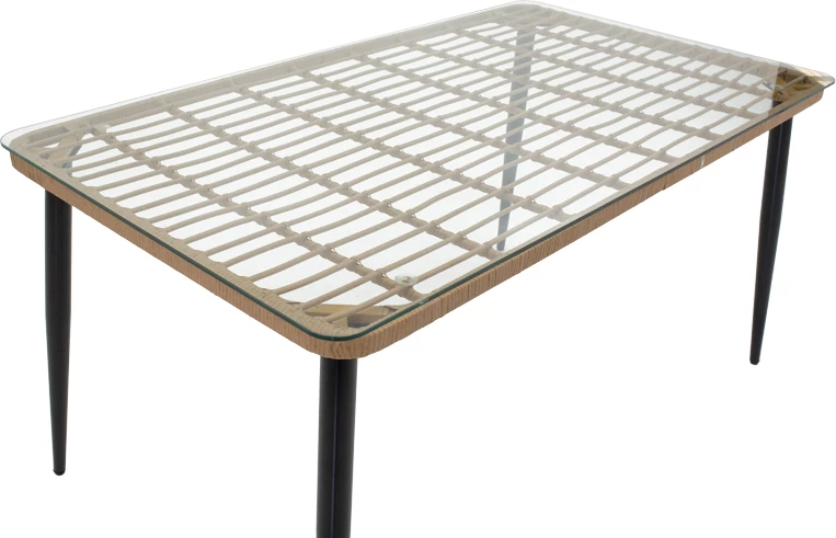 Tavolinë me karrige Naoki C set prej 7 copash, ratan natyral-metal i zi-xham 160x90x78cm