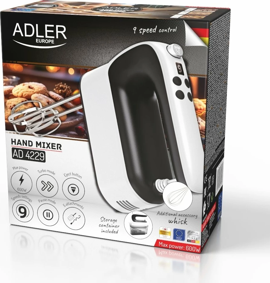 Mikser dore Adler AD 4229, 600 W, 9 shpejtësi, LCD, Turbo, set me 3 lloje shtojcash, i bardhë