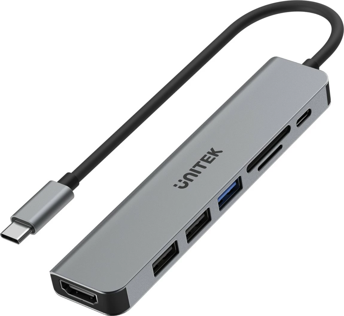 HUB USB-C Unitek H1118A 7-në-1, alumini, 100W PD, HDMI 4K, i zi/gri/argjendtë