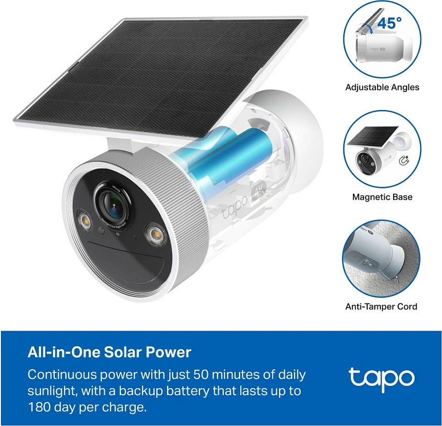 Kamerë sigurie TP-Link Tapo C465, 4K UHD, Wi‑Fi, me panel solar, microSD deri 512GB, e jashtme, e bardhë