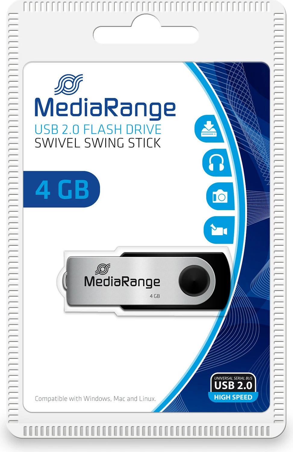 USB flash MediaRange MR907, 4GB, USB 2.0, swivel, zi/argjend