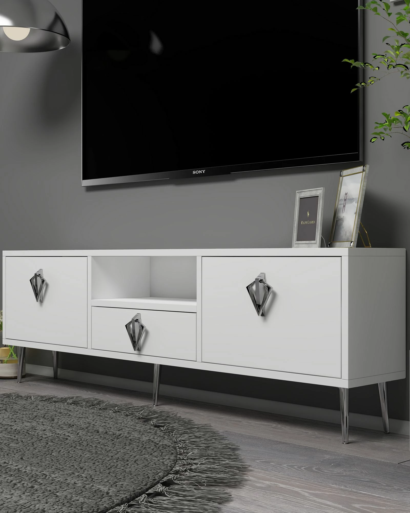 Komodë TV Skye Decor, 1313-DROP-32, e bardhë, argjend