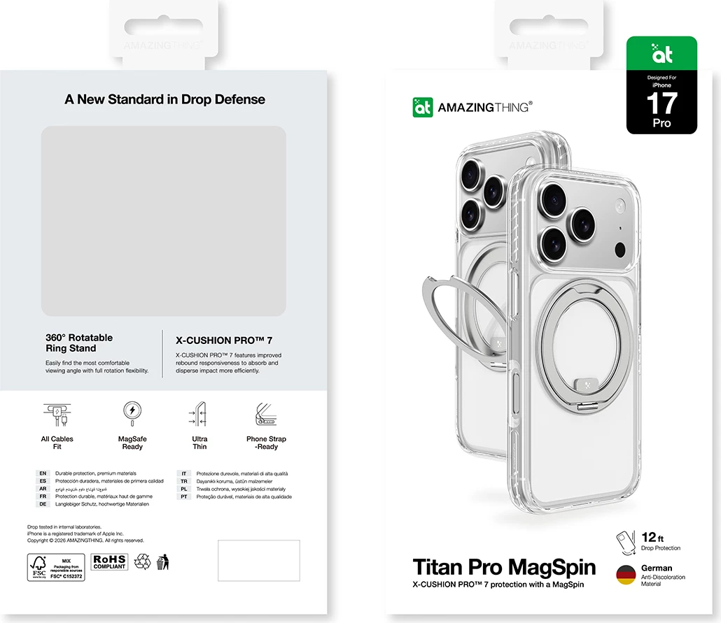 Mbështjellës AmazingThing Titan Pro MagSpin për iPhone 17 Pro, MagSafe, Gri