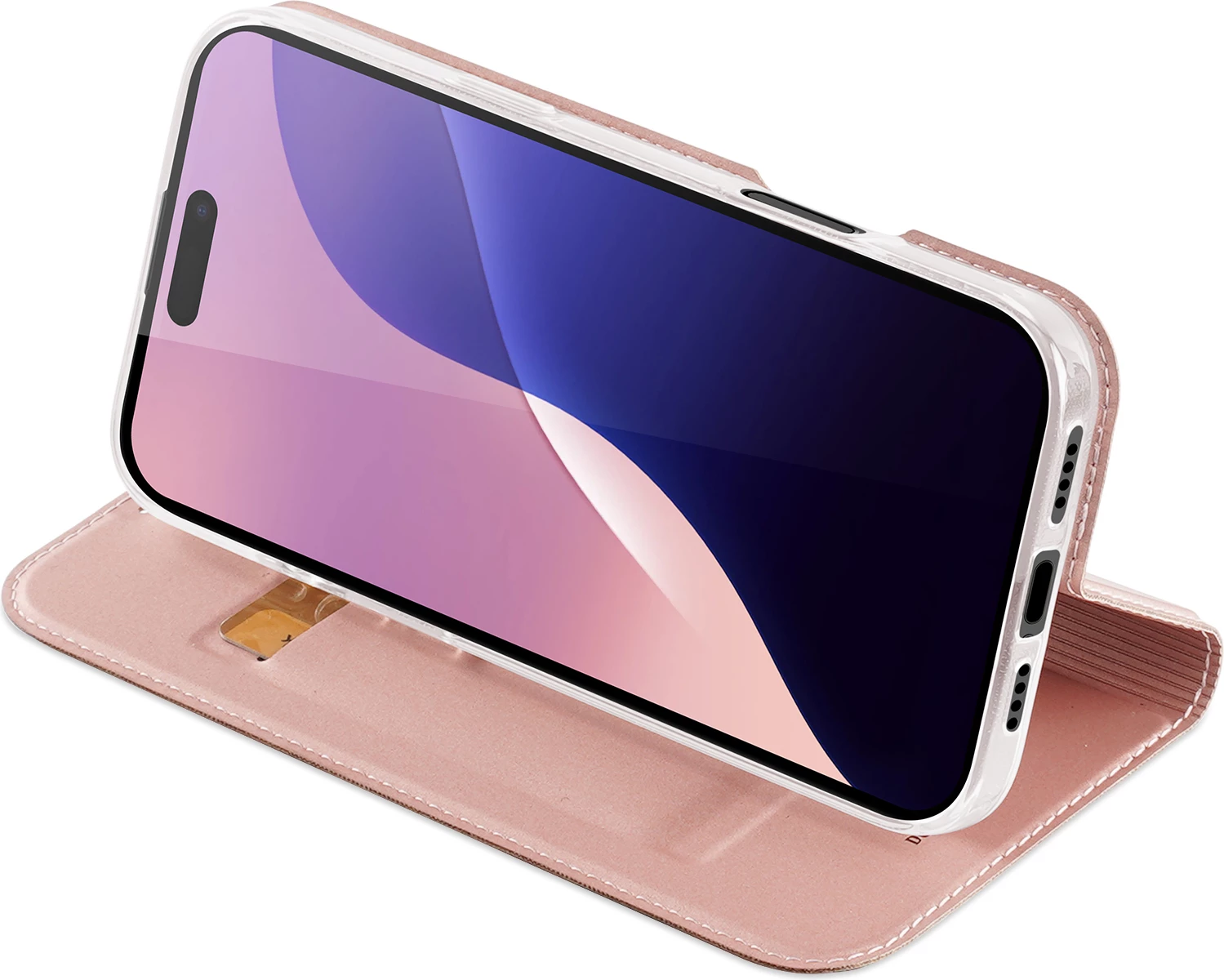 Mbështjellës Dux Ducis Skin Pro për iPhone 16 Pro Max, me kapak dhe xhep për kartela, Rozë